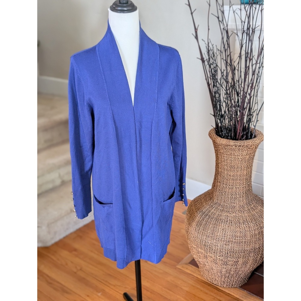 JM Collection Button Sleeve Flyaway Cardigan Blue Open Front Longline L